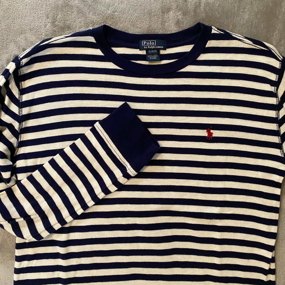Polo Ralph Lauren Shirt Boys XL 18-20 Navy Striped Waffle Thermal Pony Logo